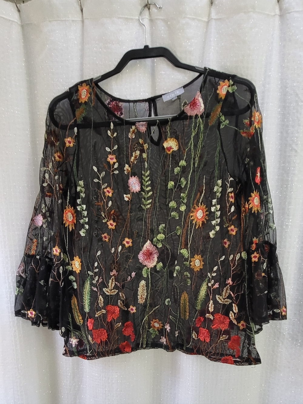 Kenar Embroidered Black Floral Sheer Blouse M